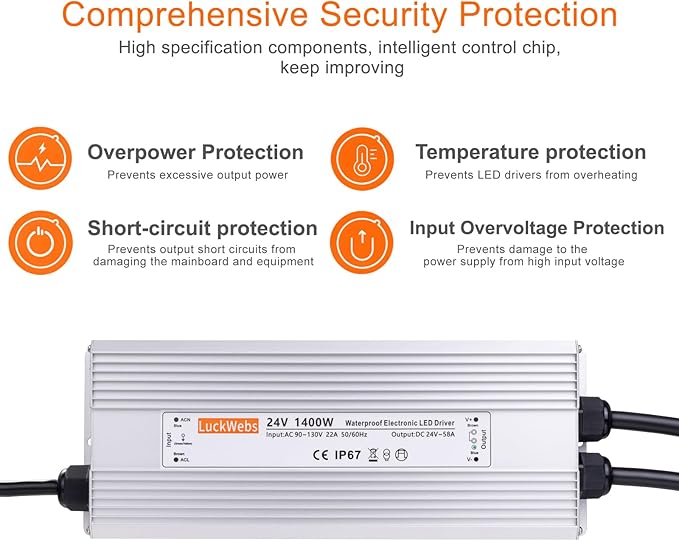 LED Driver 24V1400W Waterproof Power Supply AC 90-130V to DC 24V58A Low-Voltage Transformer IP67 Switching Power Supply Suitable for high-Power LED Lighting and Any 24V DC Equipment