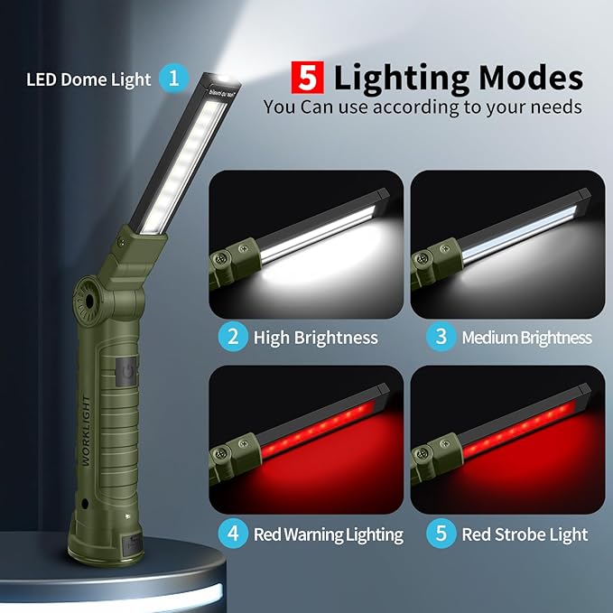 Suranew Rechargeable LED Work Light for Mechanics - Green Magnetic Base 360째 Rotatable Flashlight, 5 Modes Valentine's Day Gifts for Men Him - Ideal for Car Repair, Camping & Workshop Tools