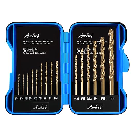 15Pcs Cobalt Drill Bit Set (1/16??3/8??, M35 HSS, 135 Degree Tip, Twist Jobber Length for Hardened Metal, Stainless Steel, Cast Iron, Wood, and Plastics, with Index Storage Case