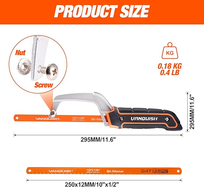 VANQUISH Hacksaw, Compact Hand Operating Hack Saw with 10 Inch Aluminum Frame, Bi-Metal HSS Blades, Suitable for Wood and Metal Mini Hacksaw 4851