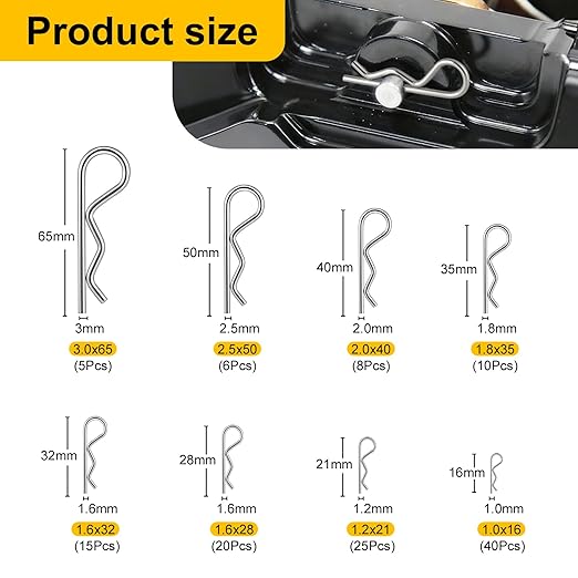 Cotter Pin Assortment Kit 283 Pcs, 304 Stainless Steel 16 Sizes Cotter Pins Hairpin R Clips for Hitch Pin, Hardware Pins for Automotive Trailer Lawnmower Repairs