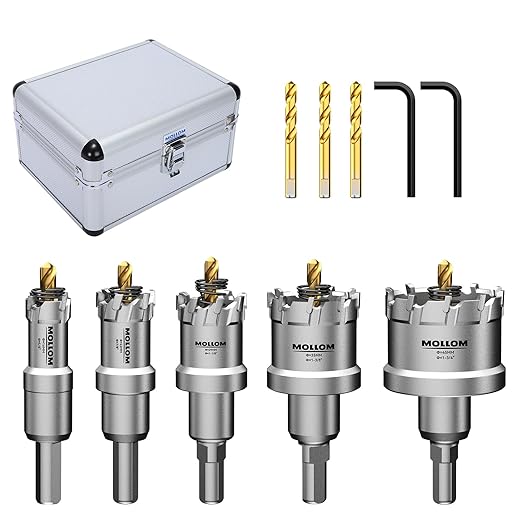 Mollom 5Pcs (16-45mm) TCT Carbide Hole Saw Kit for Hard Metal, 5Pcs Hole Cutters with 3Pcs Extra Pilot Drill bits and 1Pcs Hex Key for Stainless Steel, Iron,Aluminum,Alloy,Metal