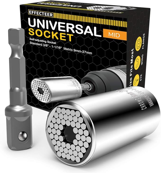 Universal Socket, Self-adjusting Socket Fits Standard 3/8'' - 1-1/16'' Metric 9mm-27mm, Adapter Socket for Wrench Ratchet & Power Drill, Tools Gifts for Men Him Husband Dad Father DIY Handyman Women