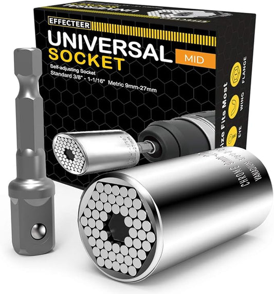 Universal Socket, Self-adjusting Socket Fits Standard 3/8'' - 1-1/16'' Metric 9mm-27mm, Adapter Socket for Wrench Ratchet & Power Drill, Tools Gifts for Men Him Husband Dad Father DIY Handyman Women