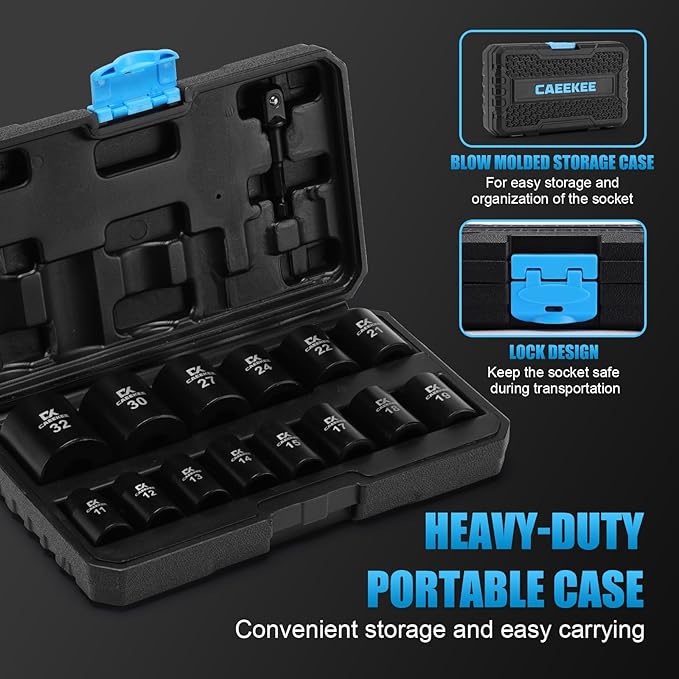 15PCS 1/2" Drive Shallow 12-Point Impact Socket Set, Metric(11mm - 32mm), Cr-V Steel, Includes Drill Socket Adapter
