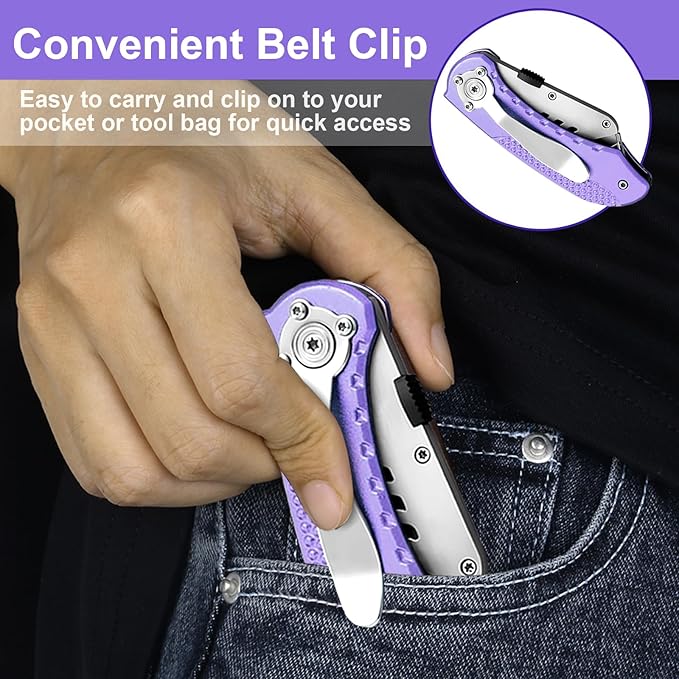 Vickay Folding Utility Knife, Box Cutter with 5 SK5 Quick Change Blades, Safety Axis Lock Design Razor Knife, Lightweight Aluminum Handle Belt Clip for Office Home Artcraft 竊뉽ight Purple)