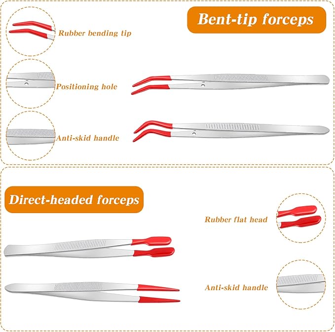 5pcs Rubber Tweezers, 5 Different Sizes of Long Tweezers with Rubber Tips for Crafts Precision, Silicone Tweezer for Jewelry, Bead Making, and Industrial Use, Red