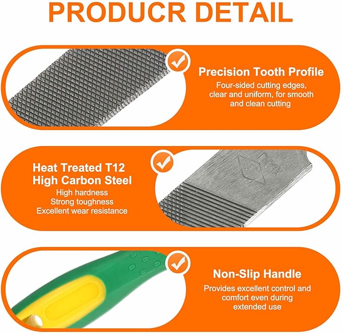 HARFINGTON Tip Thin Cut File 8" Double Cut Teeth High Carbon Steel Hand Rasp File with Plastic Handle for Metal Wood Deburring Removing