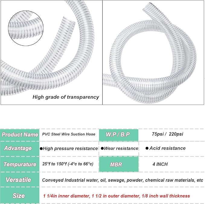 1-1/4"id-5ft PVC Reinforced Tubing Steel Wire Suction Flexible Hose Vinyl Tubing Heavy Duty PVC Vacuum Hose Drain Fuel Oil Gas Water for Marine Bilge Pump Pond Spa