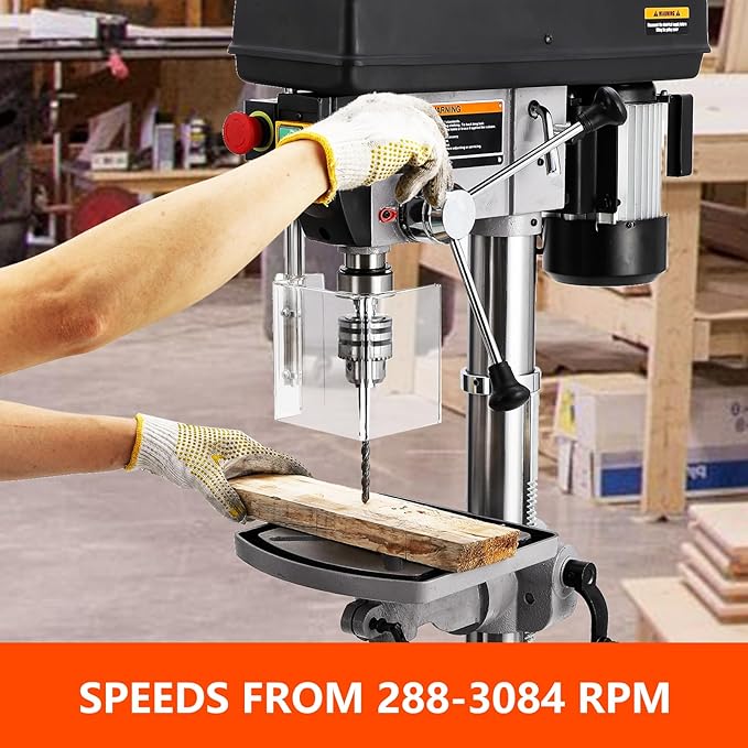 Powerful 15" Benchtop Drill Press with 288-3084 RPM Variable Speed Control, 7.5 Amp 120v Pure Copper Motor with Satety Guard, 0-45°Tilting Worktable, Floor Drilling Machine for Wood Metal