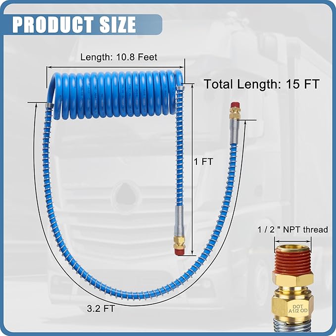 Semi Truck Air Brake Line Hose Coil Assembly Coiled Set Airline Kit Blue Red Pigtail Air Hose for Tractor Trailer,1/2" NPT DOT Fittings (15' Length x 40" Tractor Lead)