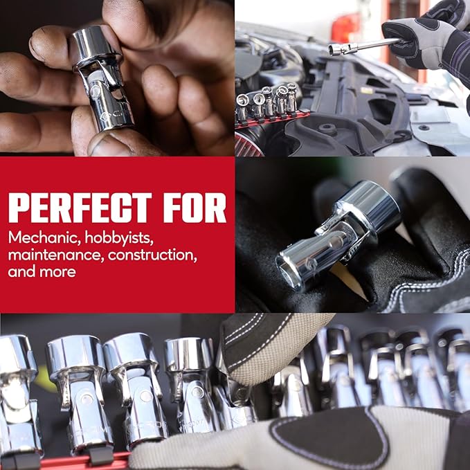 CROM Universal Flex Socket Set - 1/4 Inch Drive 6-Point 12-Piece Swivel Socket Set from 5mm to 15mm Metric - Swivel Joint for Easier Access to Tight Spaces - Aluminum Storage Rail Included