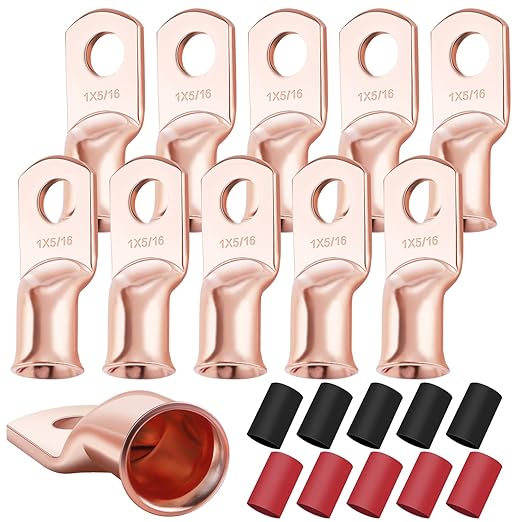 XHF 10PCS 1 AWG-5/16 Heavy Duty Battery Lugs with 3:1 Heat Shrink Tubing, Ring Terminals Battery Cable Ends Copper Eyelets Electrical Battery Connectors