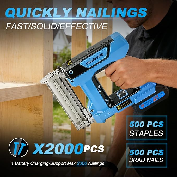 Cordless 18 Gauge Brad Nailer, 2-in-1 21V Nail Gun with 2횞2.0Ah Batteries & Charger, Fast Nailing, Includes 1000 Nails for Woodworking, Trim & Home Projects