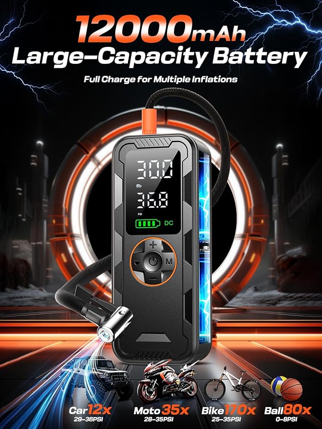 Tire Inflator Portable Air Compressor, 150PSI Electric Air Pump with Digital Pressure Gauge, Fast Inflation, Auto Shut-Off, 12V LED Light, Compact&Cordless Quick Inflation for Car, Motor, Bikes, Balls