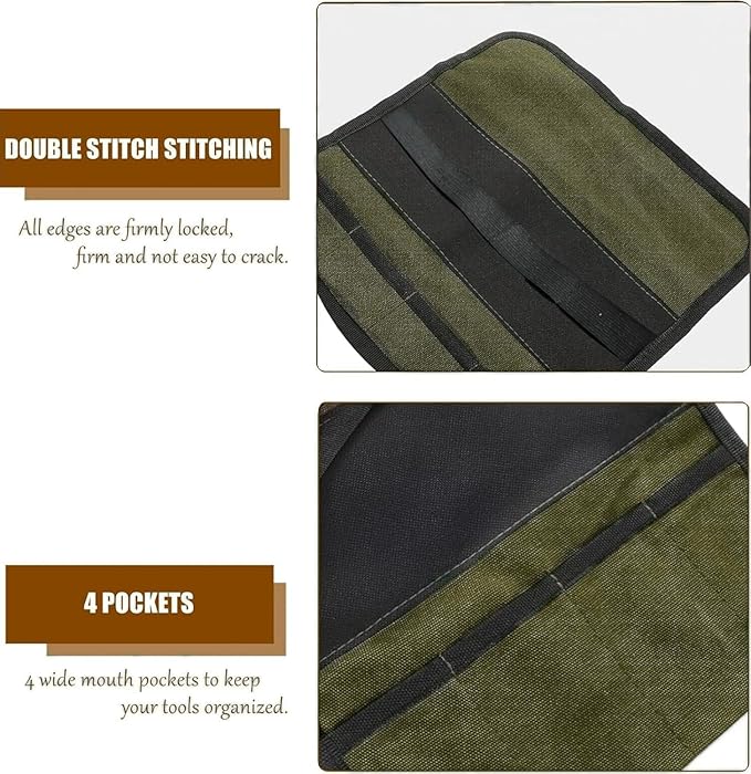 BLIRITEL Small Canvas Chisel Roll, Chisels Bag Tool Organizer with 4 Pockets, Metal Pry Bar Plier Wrench Roll Tool Pouch for Mechanic Carpenter Craftsman (Army Green)