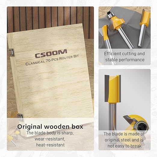 CSOOM 70PCS Router Bits Set - 1/4??Shank, Carbide Tipped Router Bits for Professional Woodworking, Includes Multiple Shapes , Yellow,for Professional and Beginners Carpenter