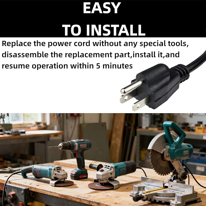 Replacement Power Tool Cord (8' ft, 16/3) for Drills, Sanders, Vacuums, Miter Saws, Appliances, Chop Saws, Grinders, Motors and Power Tools
