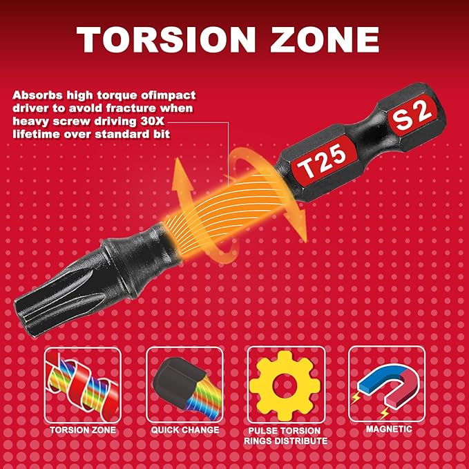 5Pieces T25 2 In. Impact Tough Magnetic Screwdriver Bit Set, #25 Torx Head Power Bits, S2 Alloy Steel Star Head T25