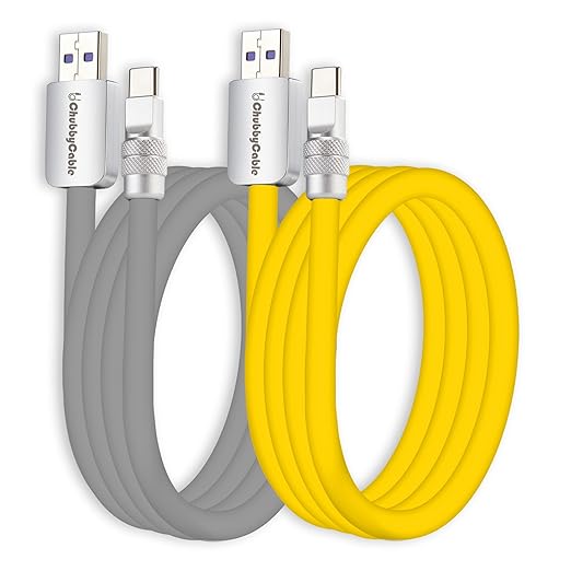 chubbycable Couple Chubby 2-Pack 120W USB C Cable Extra Thick Silicone Fast Charging Cable Compatible with iPhone 17-15 Series iPad Galaxy Series, Gray+Yellow, USB-A to Type-C, 8.2FT