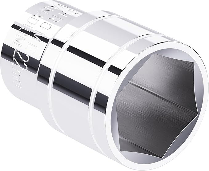 22mm Shallow Socket, 1/2 Inch Drive, 6-Point, Metric, Heat Treated CR-V Steel Short Sockets, Full Polishing, 1.5 Inch Length