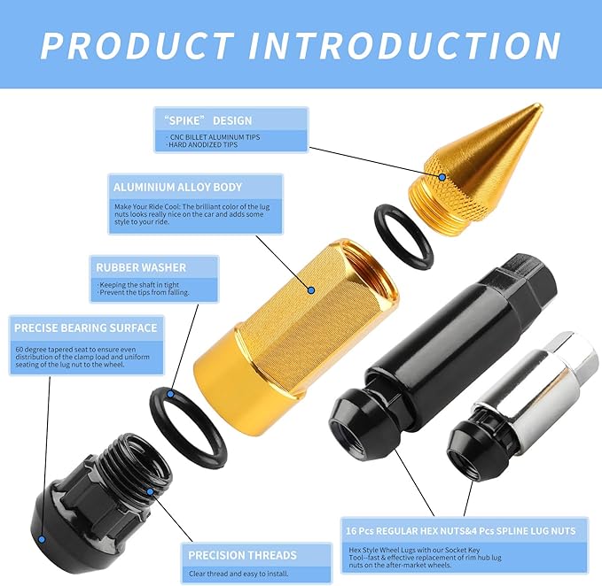 20Pcs Anti Theft Spiked Extended Tuner Wheel/Rims Lug Nut M12X1.5+Socket (Gold)