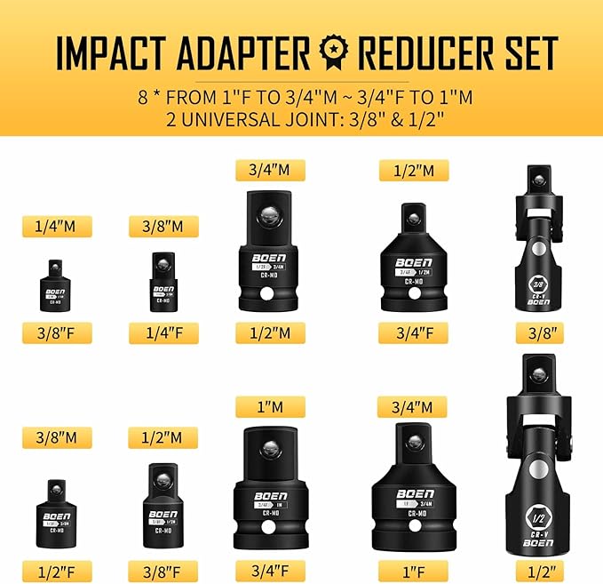 BOEN 10-Piece Impact Socket Adapter and Reducer Set, Standard SAE 1/4" 3/8" 1/2" 3/4", CR-MO Steel Driver & Wrench Conversion Kit Socket Reducer with 3/8" & 1/2" Universal Joint