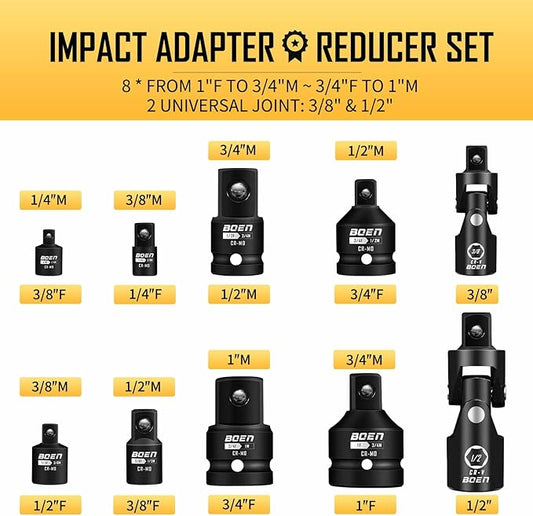 BOEN 10-Piece Impact Socket Adapter and Reducer Set, Standard SAE 1/4" 3/8" 1/2" 3/4", CR-MO Steel Driver & Wrench Conversion Kit Socket Reducer with 3/8" & 1/2" Universal Joint