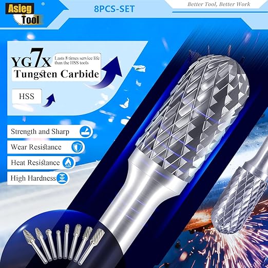 Carbide Burr Set 8pcs with 1/4''Shank Double Cut Solid Power Tools Tungsten Carbide Rotary Files Bits for Die Grinder Metal Wood Carving Engraving Polishing Drilling Grinding Milling Cutting