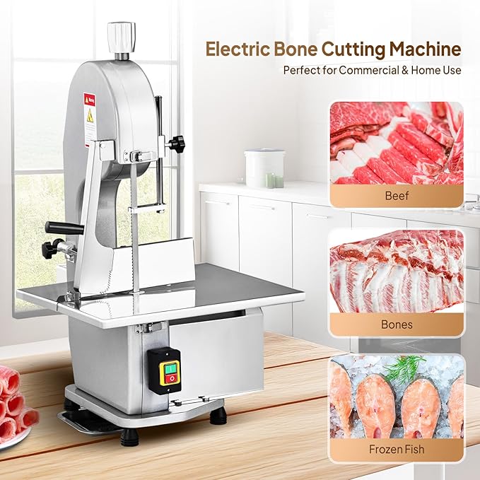 ROVSUN 1500W Electric Bone Saw Machine, 0.16-7.9Inch Cutting Thickness Frozen Meat Cutter with 6 Saw Blades, Commercial Bandsaw Machine Stainless Steel 19.4 x 15.2 In Table for Chicken Fish Beef