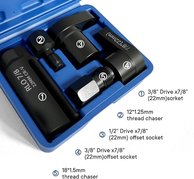 5PCS Oxygen Sensor Wrench & Thread Repair Kit, Offset Low Profile O2 Sensor Socket Set with Thread Chasers, Chrome Vanadium Steel Automotive Tool for Removal and Installation