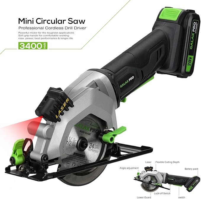 GALAX PRO 20V Cordless Mini Circular Saw 4-1/2" - 2.0Ah Battery, Laser/Rip Guide, 2 Blades(24T+60T), 3400RPM, 1-11/16" Cutting Depth