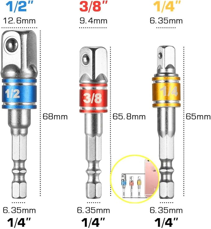 3-Piece Socket Adapter Extension Set, 1/4, 3/8, 1/2 Inch Hex Shank, Impact Grade, Power Drill to Socket Converter