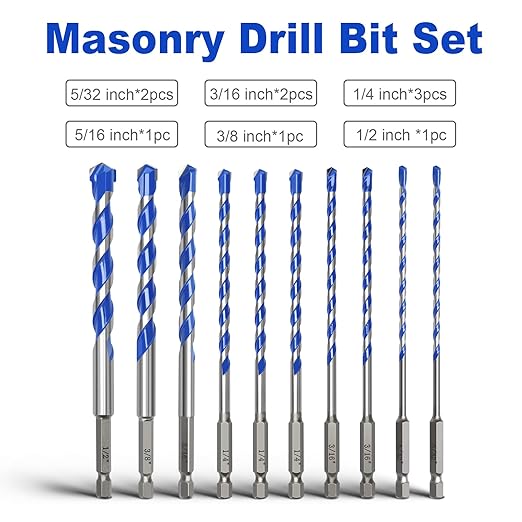 10 Pack 5/32 to 1/2 inch Concrete Drill Bit Set,Masonry Drill Bit Set with Hex Shank,Carbide Tip Drill Bits for Concrete, Tile,Brick, Plastic, Cement (5/32" - 1/2"竊?0 Pcs竊?
