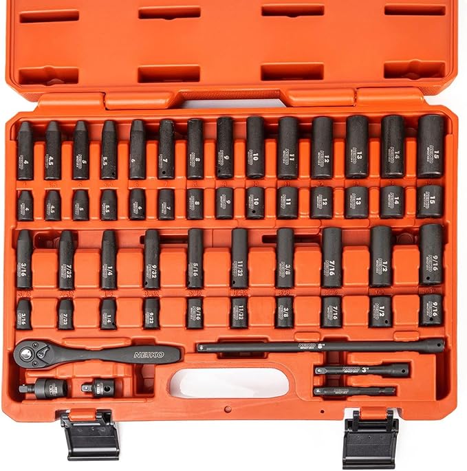 NEIKO 02437A 1/4 Drive Impact Socket Set 54 Piece Metric & Standard, Deep & Shallow Chrome Vanadium Steel 3/8??to 1/4??Reducer Hex Shank Adapter, Metric and Standard, Deep Socket Set