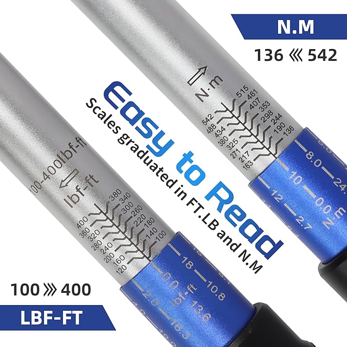 UYECOVE 3/4-Inch Drive Click Torque Wrench, Dual-Direction Click Professional Torque Wrench 100-400FT.LB/136-542N.m, Dual Range Scales Graduated in FT.LB and N.M
