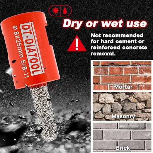 DT-DIATOOL Diamond Mortar Raking Bit for Brick Joints Stone Masonry Granite Diameter 5/16"x1" (8x25mm), 5/8 inch-11 Thread Router Bit