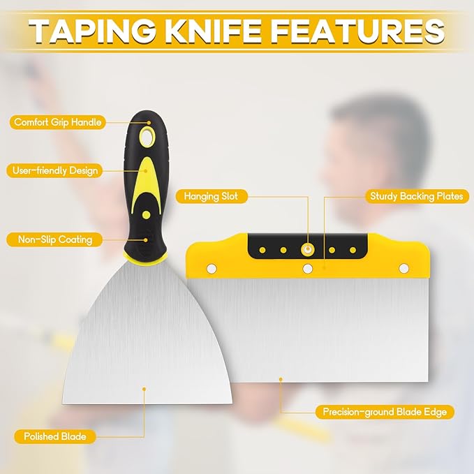 Drywall Knife Set, 8Pcs Stainless Steel Drywall Hand Tools Kit Includes Putty Knife Set, Taping Knives, Painter Scraper and 12" Mud Pan Finishing tools for Drywall Work