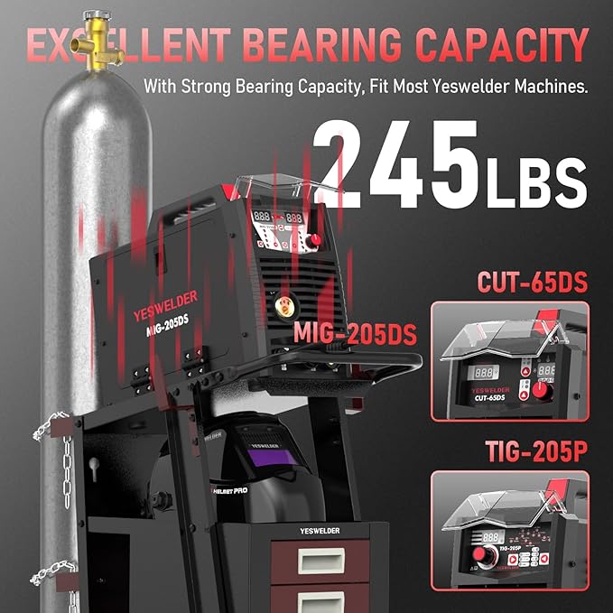 YESWELDER Welding Cart with 4 Drawers for MIG Welder TIG Welder and Plasma Cutter, Black&Red Version Heavy Duty Large Storage 360째 Rolling Welding Trolley