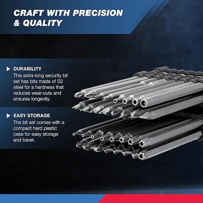 NEIKO 10224A 1/4" Extra Long Security Bit Set, 32 Piece Screwdriver For Drill, S2 Steel 6” Long Torx ,Tamper Proof , Torx, PoziDriv, Spanner, Tri-Wing, Security Power Bit