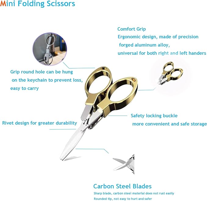 Mini Folding Scissors, Safe Portable Travel Mini Scissors, Stainless Steel Retractable Small Scissors for Home Office, 2 Piece Set (gold)
