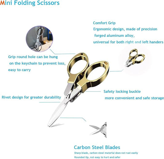 Mini Folding Scissors, Safe Portable Travel Mini Scissors, Stainless Steel Retractable Small Scissors for Home Office, 2 Piece Set (gold)