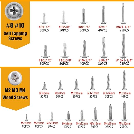 weideer 1095pcs Self Tapping Screws for Metal, #8#10 M2 M3 M4 410 Stainless Steel Screws Assortment Kit Oxide Truss Head and Phillips Pan Head Metal Screw
