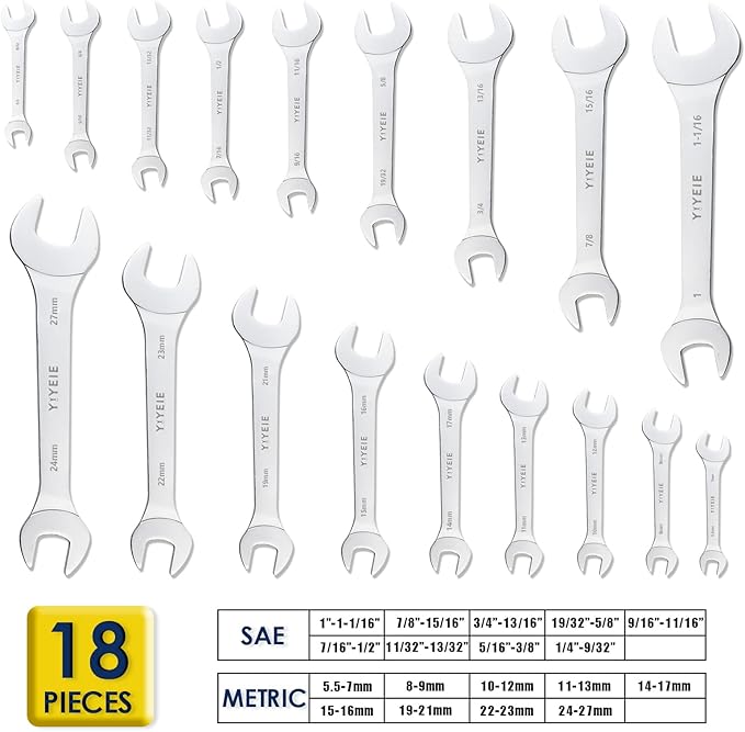 YIYEIE 18pcs Super-Thin Open End Wrench Set, Metric & SAE, 5.5mm to 27mm, 1/4" to 1-1/16", CR-V Steel with Mirror Finish, Ultra-Slim Wrench Set with Rolling Pouch