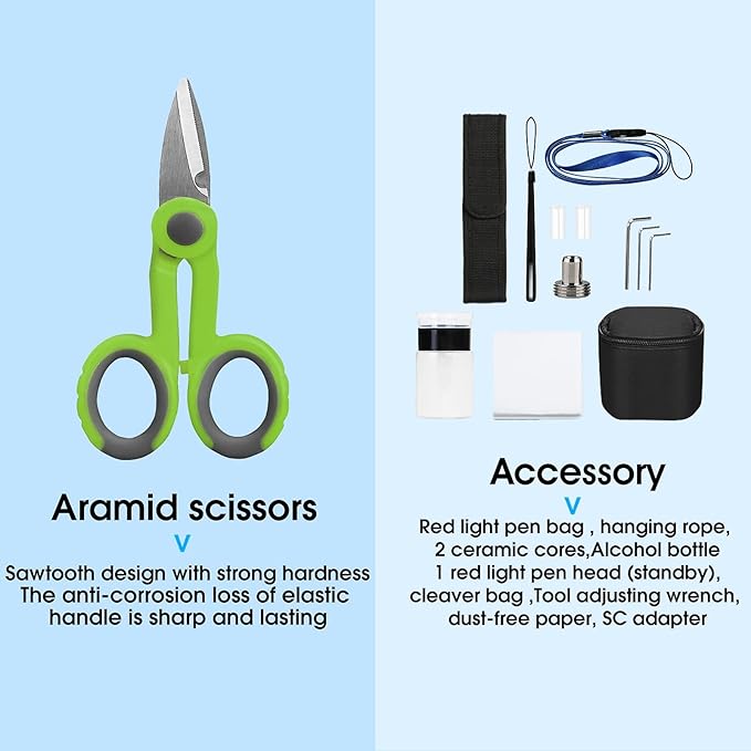 Fiber Optic Termination Tool Kit 10-in-1 Equipped with A-D7 Optical Power Meter (-70 - +10 dBm), FC-6S Fiber Cleaver and Wire Stripping Pliers, Aramid Scissors, Fiber Optic Tool Kit