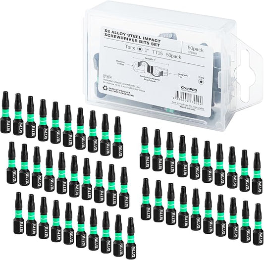 Security Tamper Proof Torx Impact Driver Bit Set, 1/4" Hex-Shank S2 Steel Mini Star, CNC Machined Tips, 1" Long 50pack (TT15) Magnetic Torque With Storage Box