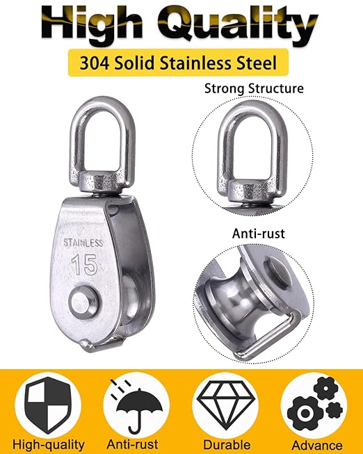 Rocaris 4 Pack M15 Lifting Single Pulley Block 304 Stainless Steel Crane Swivel Hook Double Pulley Roller Loading