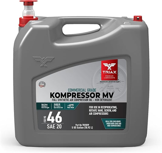 TRIAX Kompressor MV 46 / SAE 20 - Full Synthetic, Multi-Vis Air Compressor Oil - Commercial Grade - for Rotary, Vane, Screw, and Reciprocal - High Temp, 20,000 Hour Life, Non-Detergent (5 Gallon)