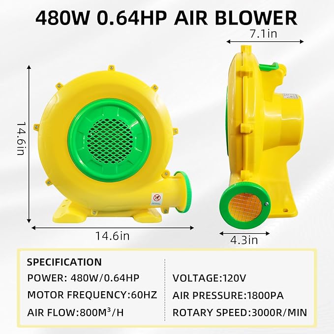 Air Blower, 480W 0.64HP Bounce House Blower, Portable Inflatable Bubble HOU-se Blo-wer, Perfect for Inflatable Bounce House, Bouncy Castle, Jumper, Water Slid, Corded(480 Watt 0.6HP)