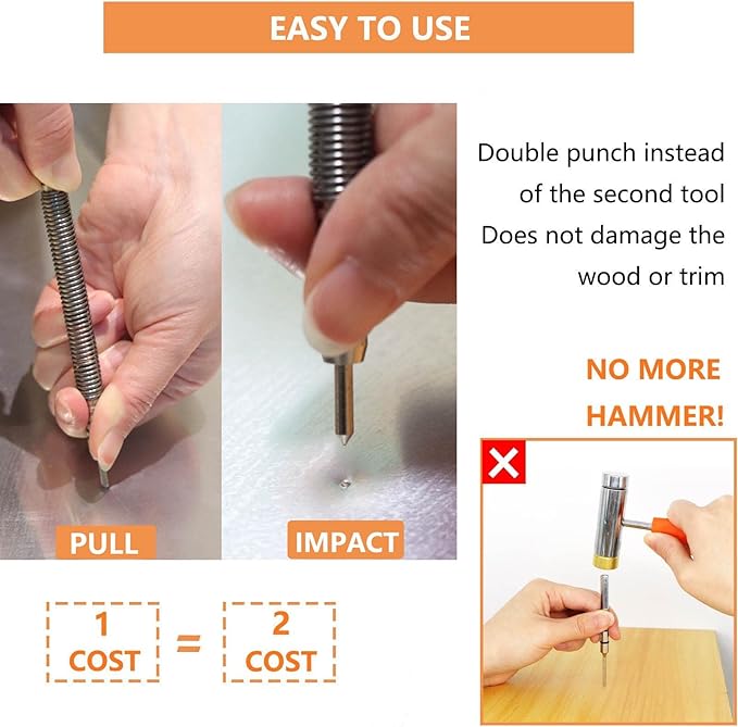 2-Piece Spring Loaded Center Punch Hammerless Single Ended Centering Center Punch, 3500 PSI Striking Force Hit Punch Tool for Metal Wood